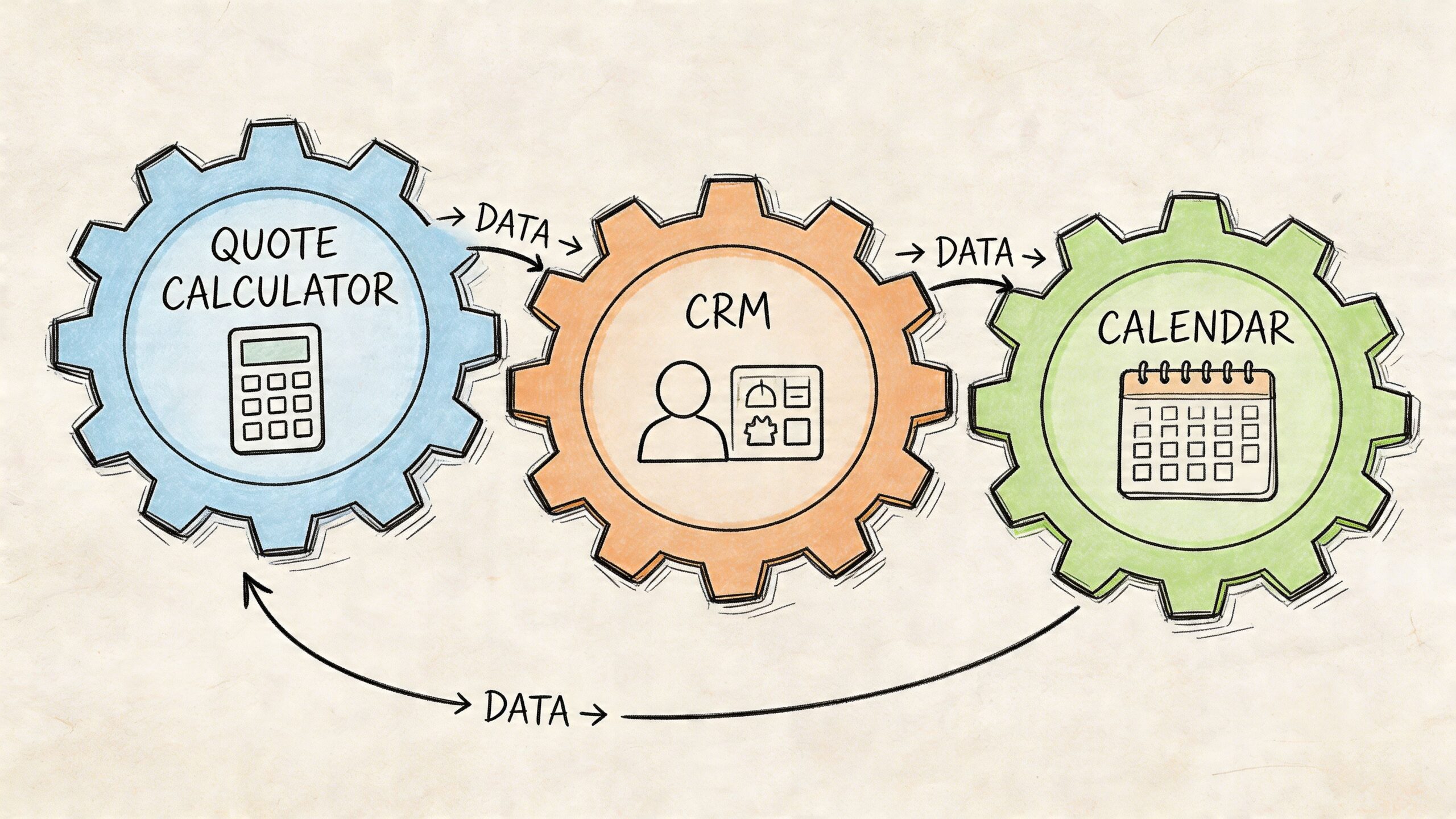 A diagram illustrating the automated data flow between a quote calculator, CRM, and calendar systems for moving businesses.