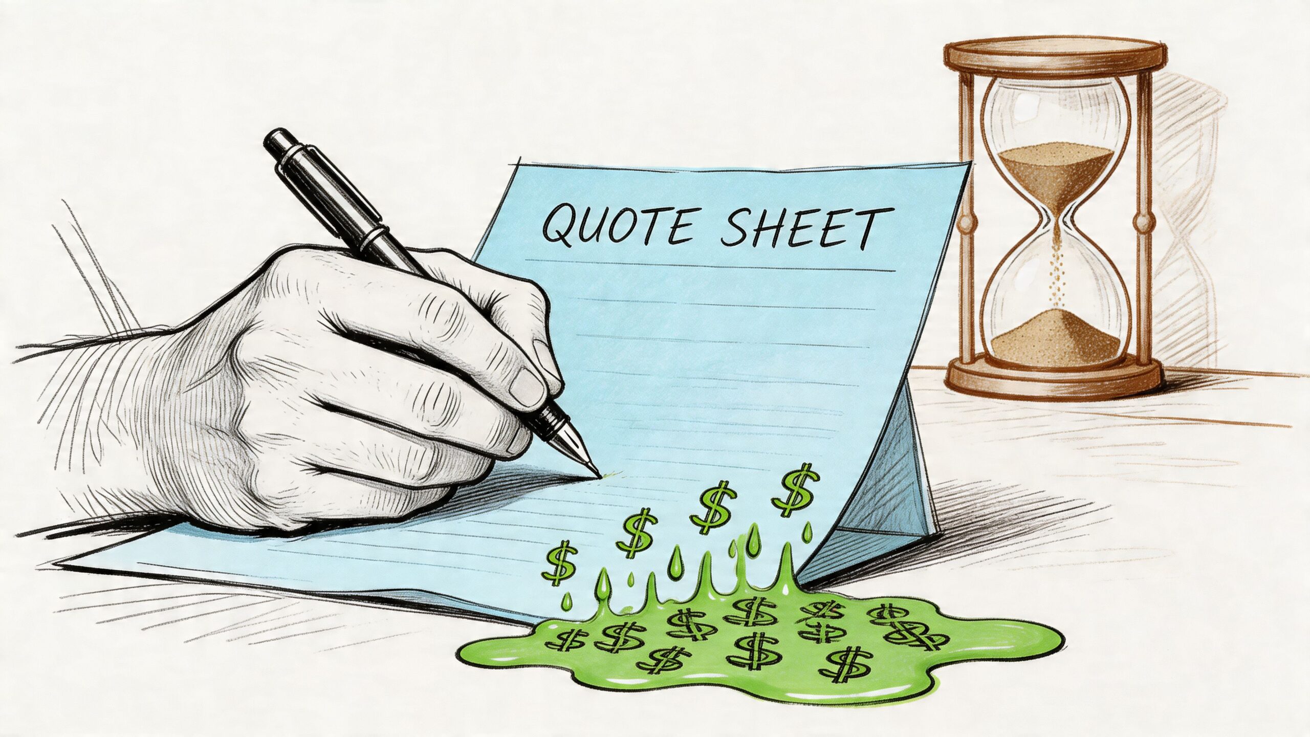 A hand filling out a quote sheet with money symbols leaking onto the page, near an hourglass.