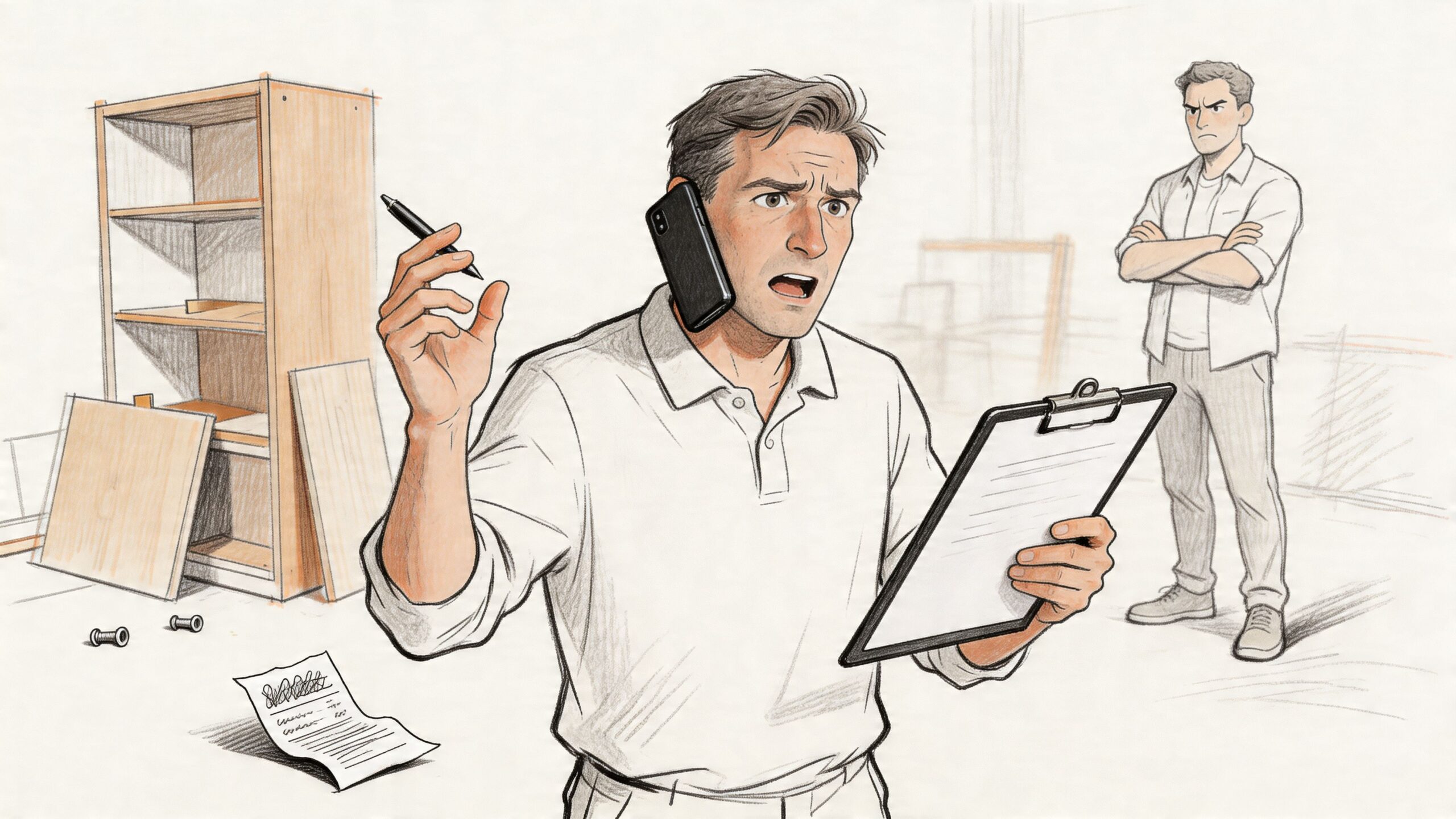 A man looking frustrated while on the phone with a clipboard, next to an unhappy man standing nearby.