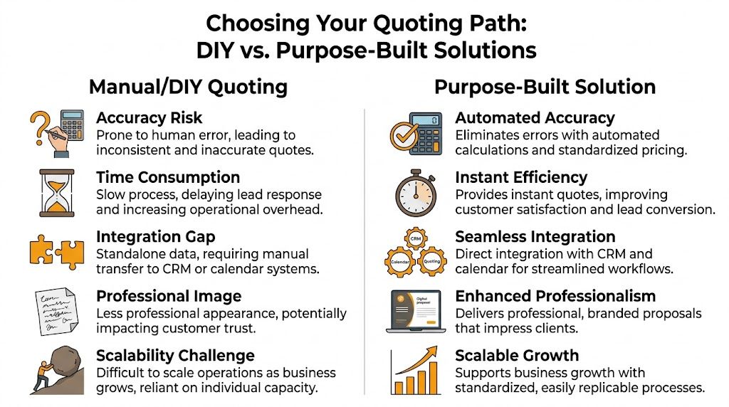 A comparison chart showing the advantages of purpose-built quoting solutions over manual DIY quoting methods for businesses.