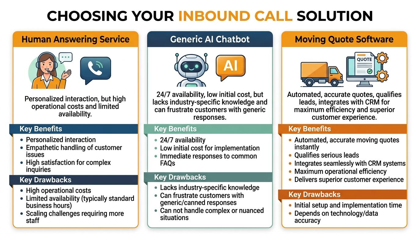 A comparison chart outlining the pros and cons of using human answering services, chatbots, and specialized moving quote software.