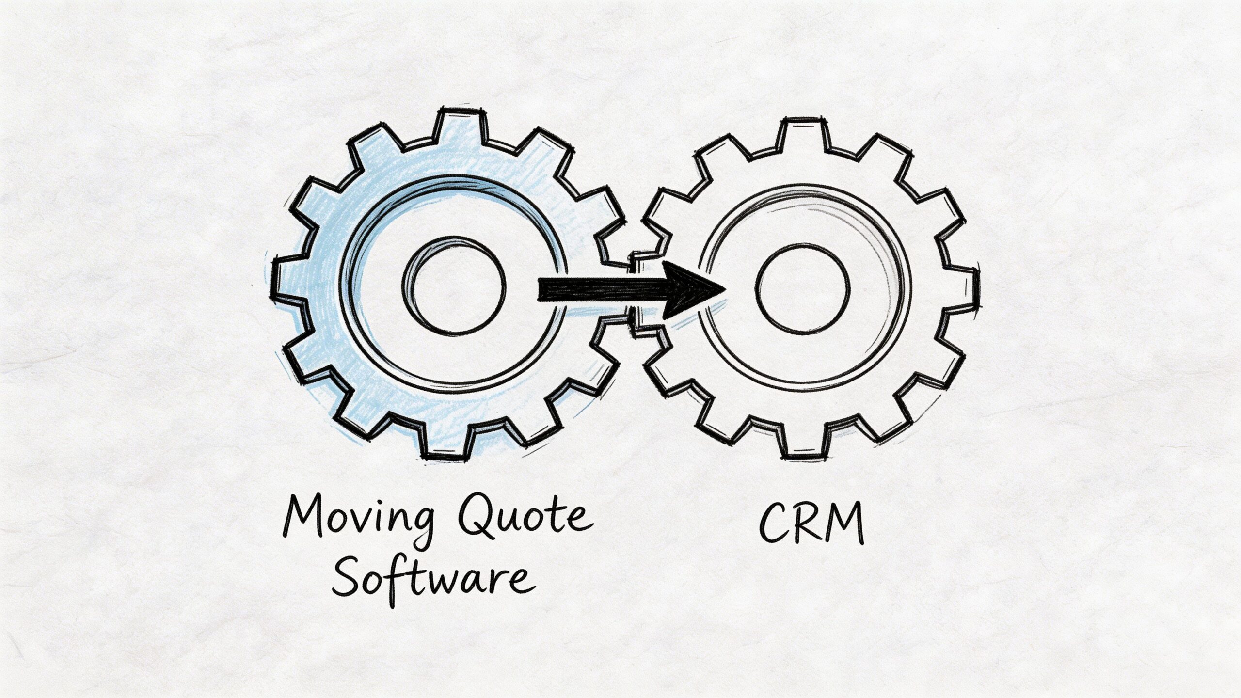 A hand-drawn illustration showing two interlocking gears connecting moving quote software to a CRM system.