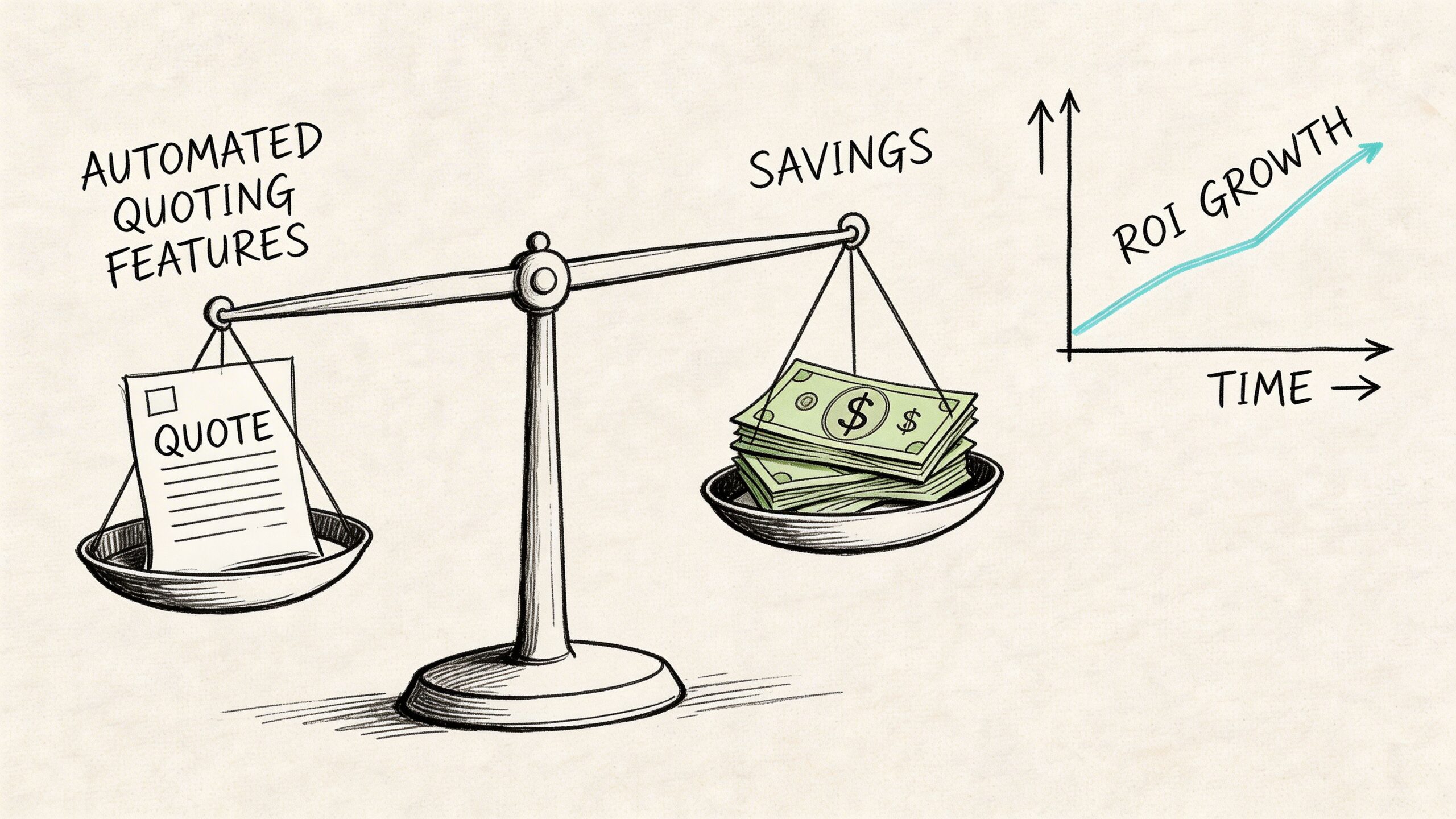 A conceptual scale illustration balancing automated quoting features against financial savings, accompanied by a growing ROI graph.