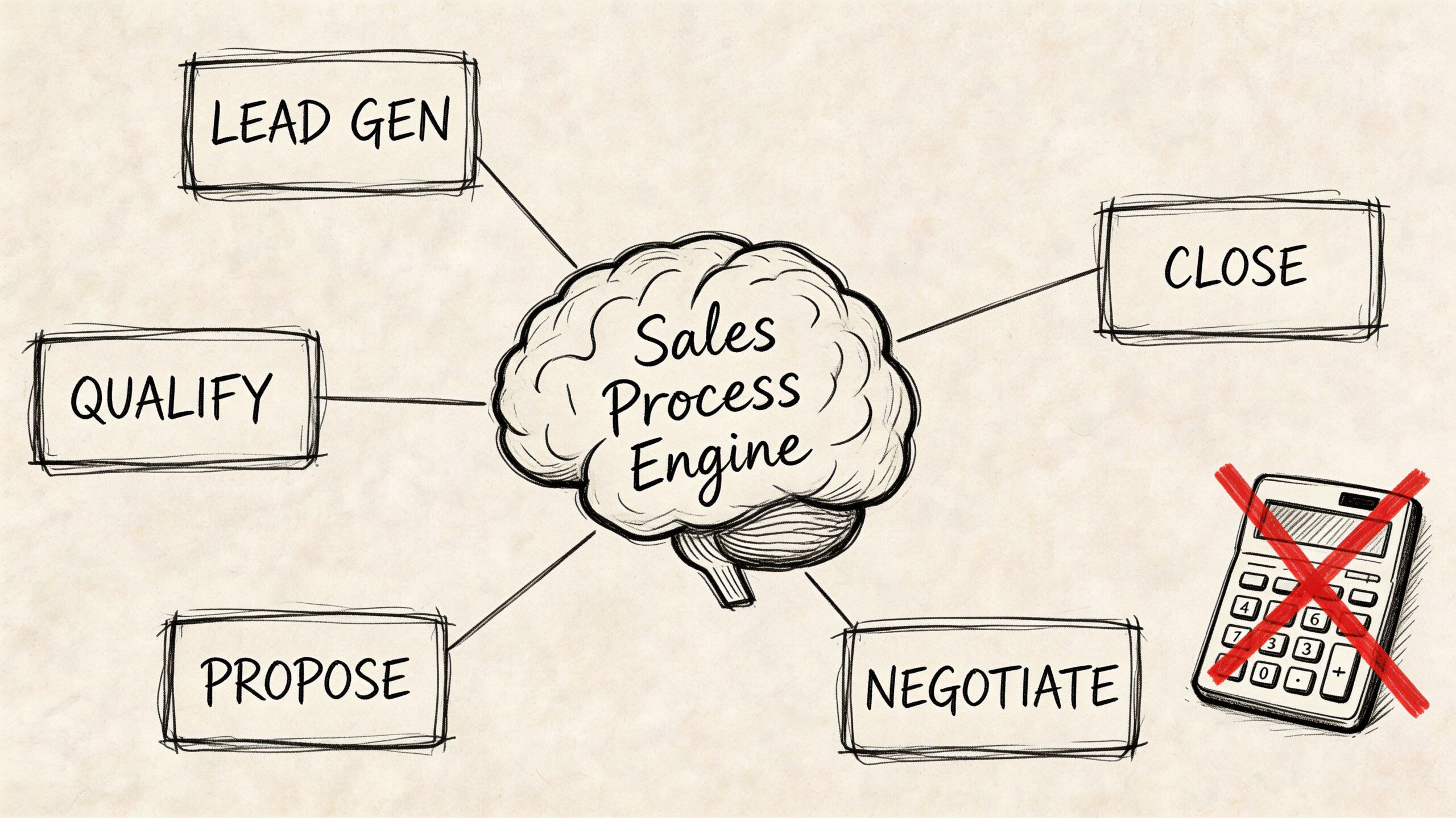 A hand-drawn illustration showing a brain labeled Sales Process Engine connected to key sales stages.