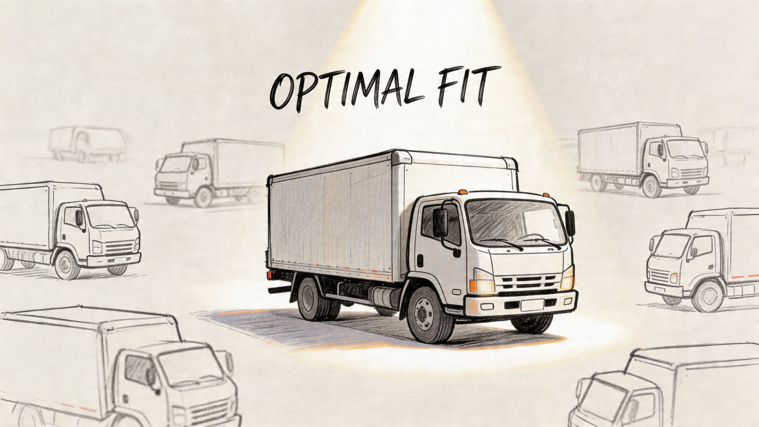 A hand-drawn illustration of a delivery truck in a spotlight with surrounding trucks, labeled optimal fit.