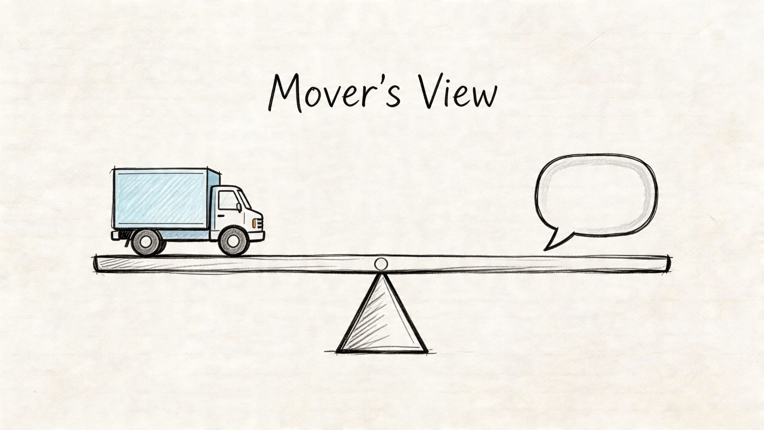 A conceptual illustration featuring a truck on one side of a scale and a blank speech bubble.