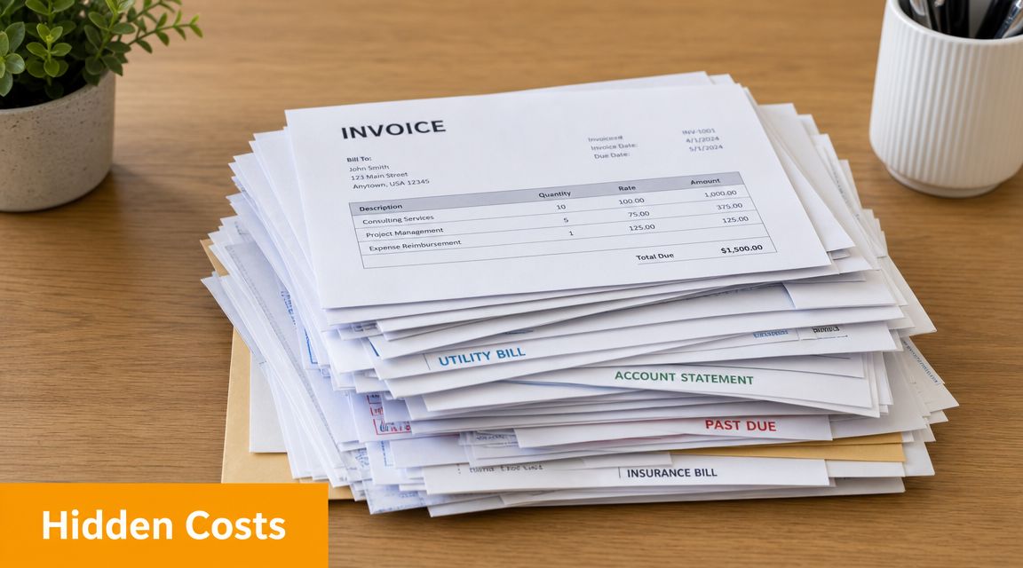 A large stack of invoices, utility bills, and insurance statements sitting on a wooden office desk.