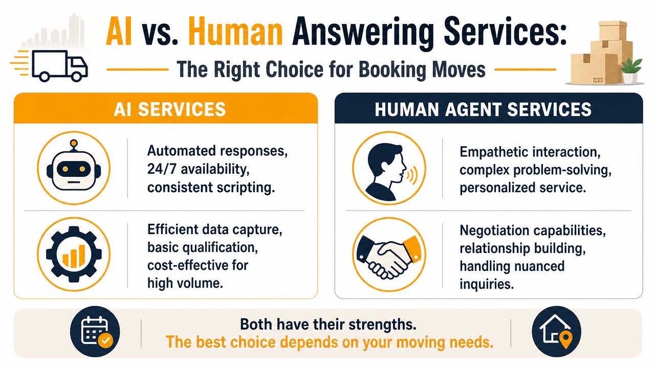 A comparison infographic between AI and human answering services for booking moving company jobs.