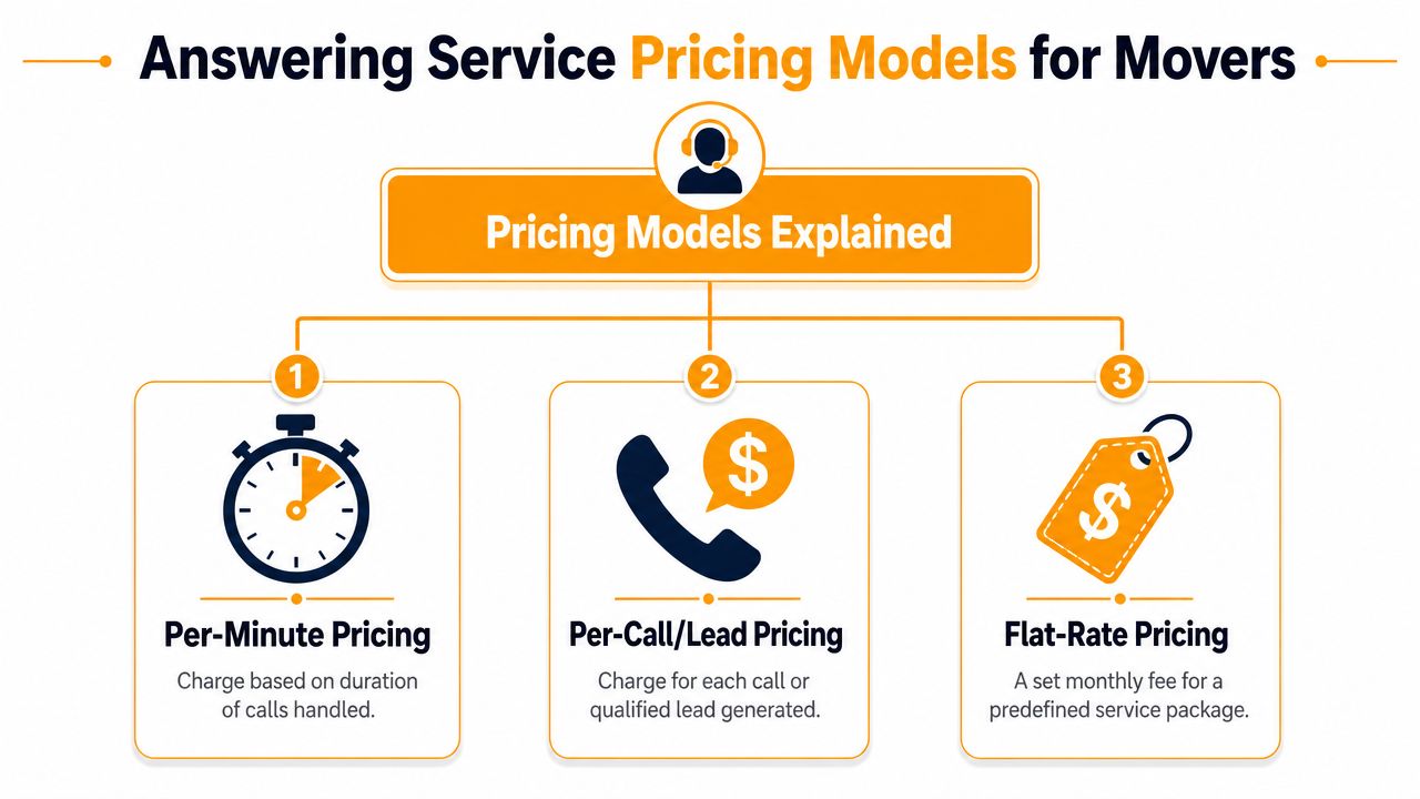 A diagram illustrating three main pricing models for mover answering services including per-minute, per-call, and flat-rate.