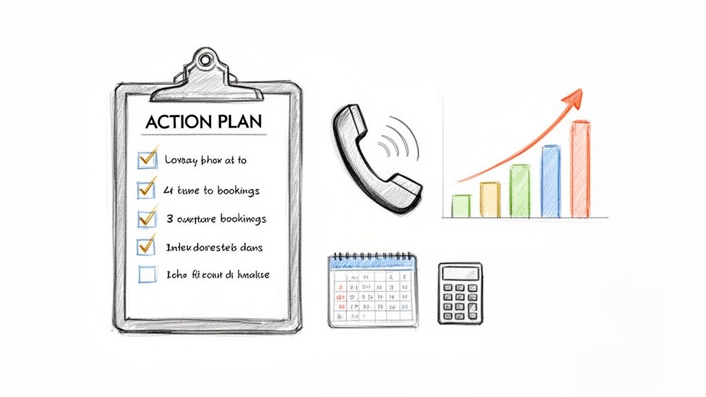 Business concept illustration with action plan checklist, ringing phone, calendar, calculator, and growth chart.