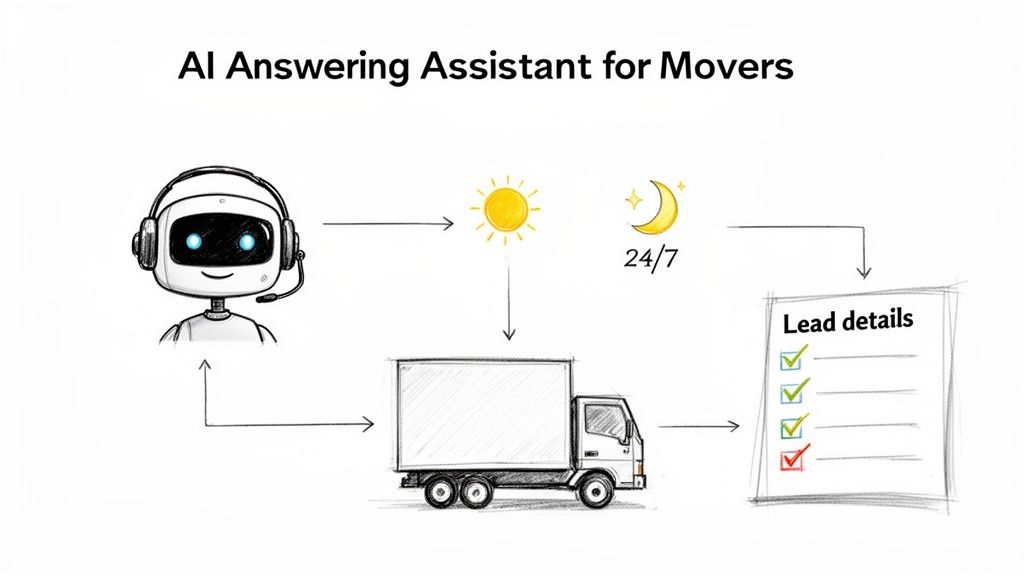 AI answering assistant for movers, providing 24/7 support and generating lead details for moving trucks.