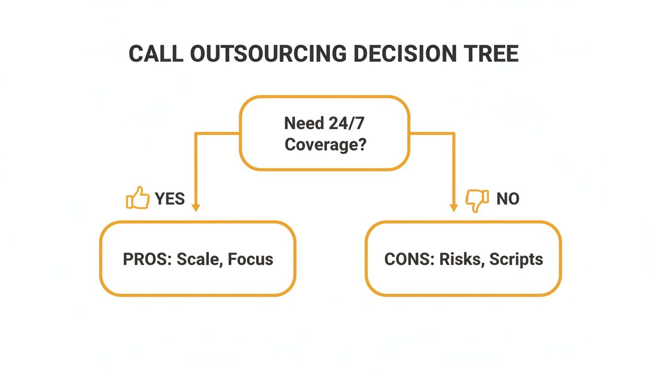 A call outsourcing decision tree showing pros and cons based on the need for 24/7 coverage.