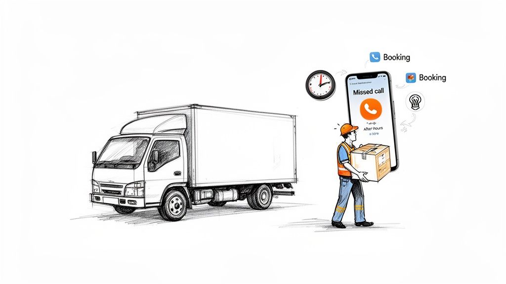 A sketch showing a delivery truck, a worker with a package, and a phone displaying a missed after-hours call with booking notifications.
