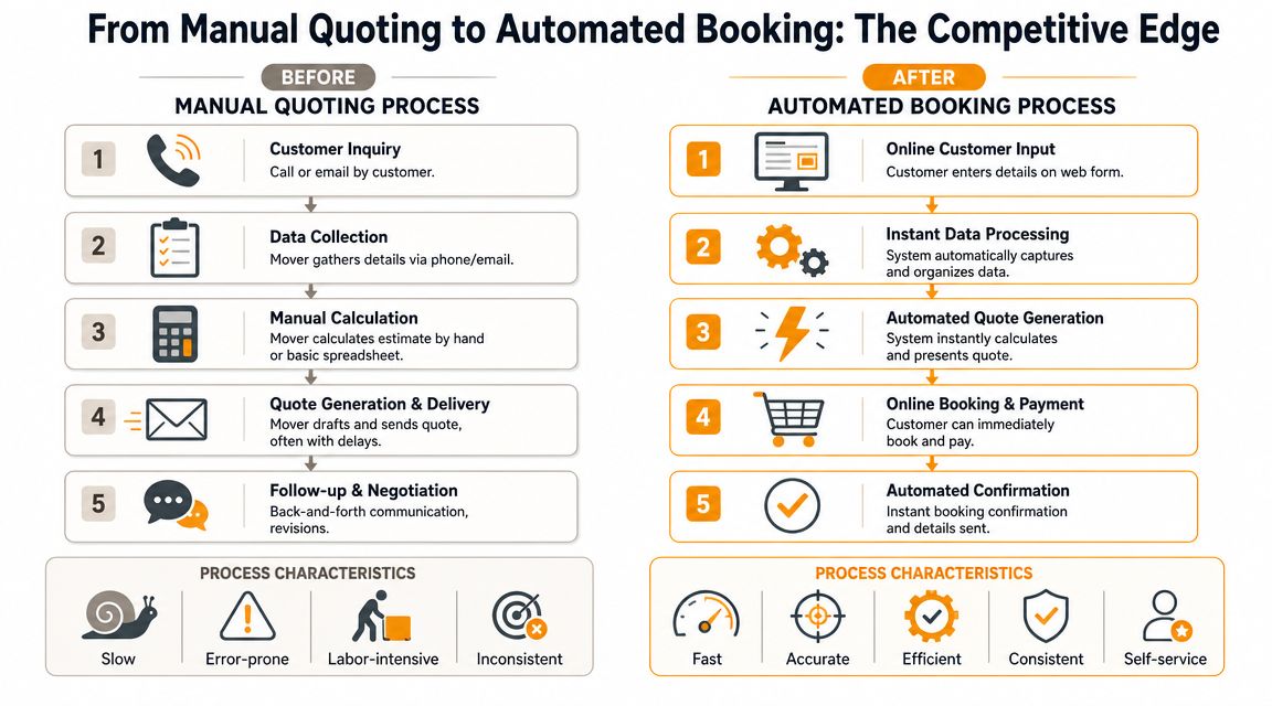 A comparative infographic showing the evolution from a manual moving quoting process to an automated booking workflow.