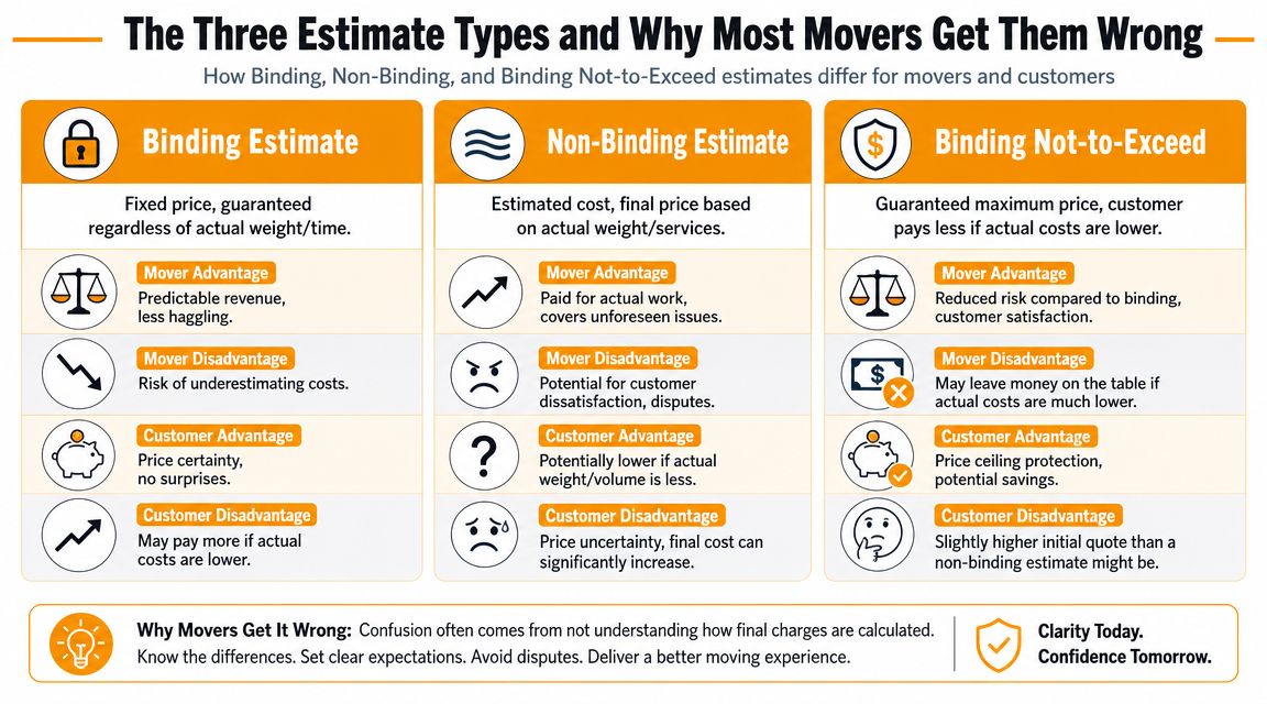 An infographic detailing the differences between binding, non-binding, and binding not-to-exceed moving estimates for customers.