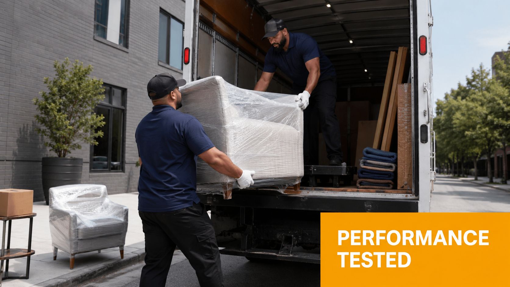 Two professional movers in navy uniforms loading a wrapped armchair into the back of a moving truck.