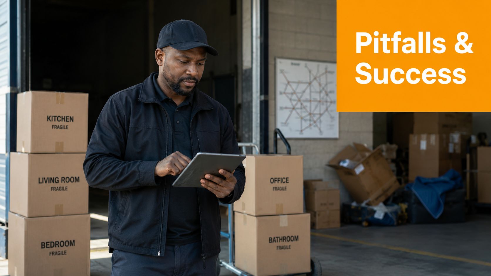 A professional mover reviewing digital logistics information on a tablet in a warehouse with stacked boxes.