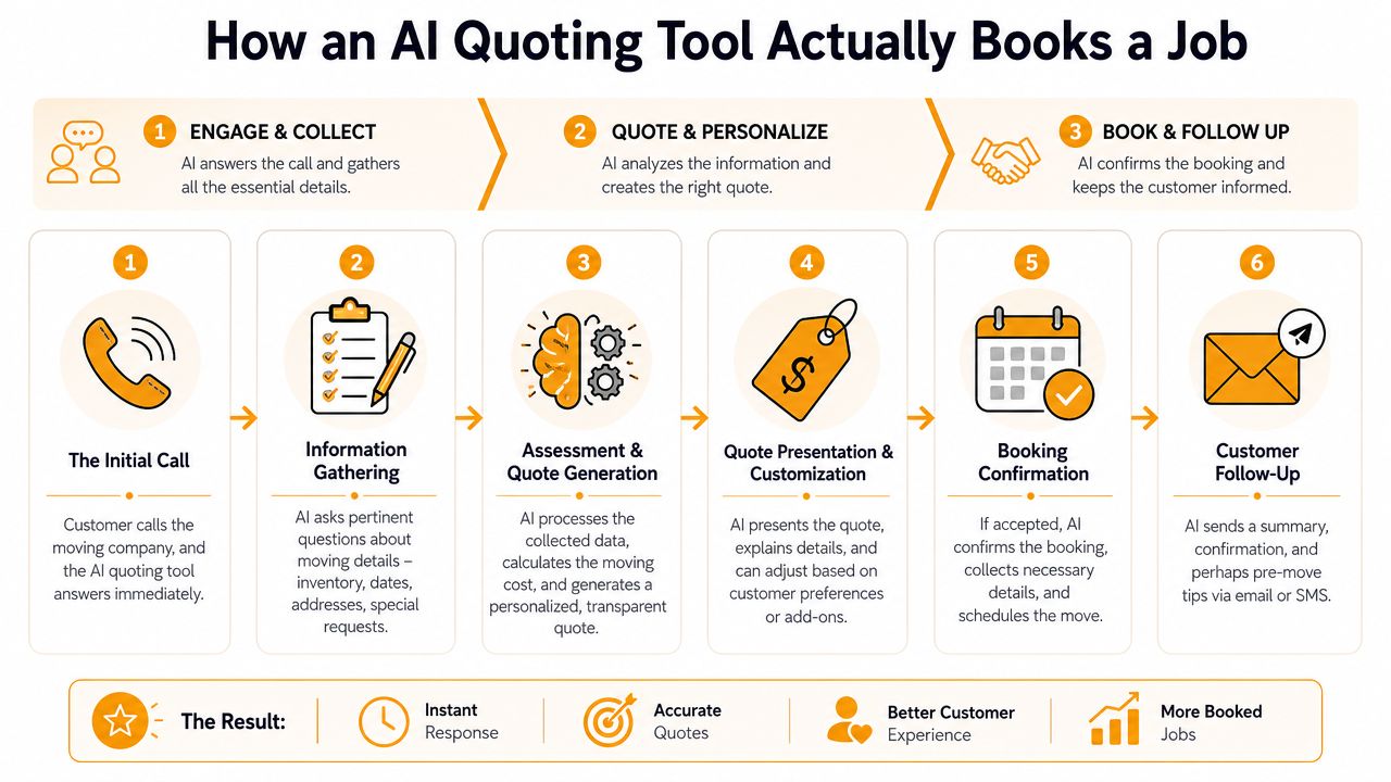 A diagram illustrating the six-step automated process of an AI quoting tool booking a moving job.