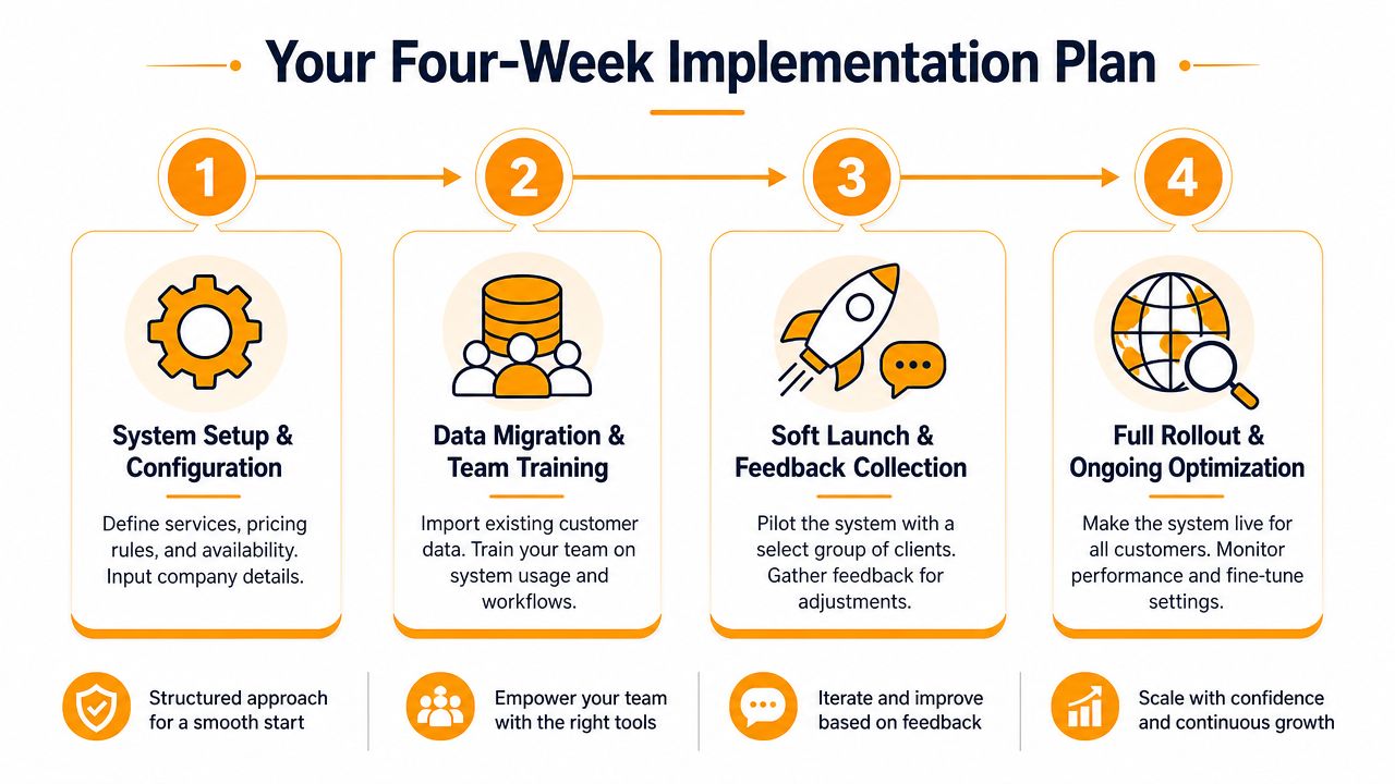 A four-week implementation plan infographic illustrating the step-by-step process for setting up a new business system.