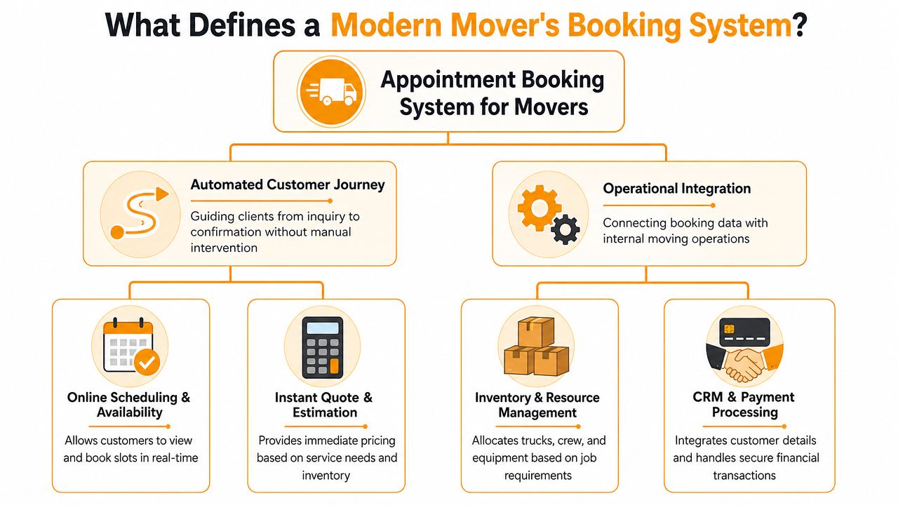 A flowchart infographic outlining the core components of a modern digital appointment booking system for professional moving companies.