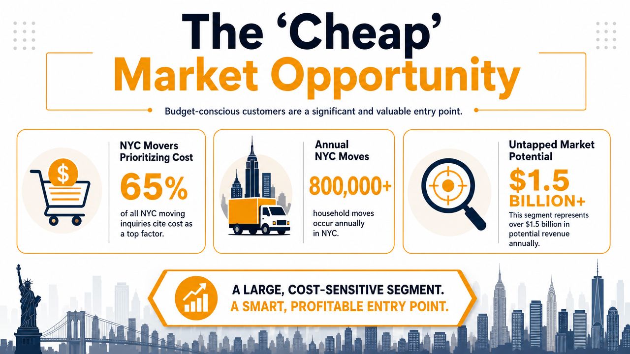 An infographic showing that 65 percent of NYC moves are cost-driven with a market potential of 1.5 billion dollars.