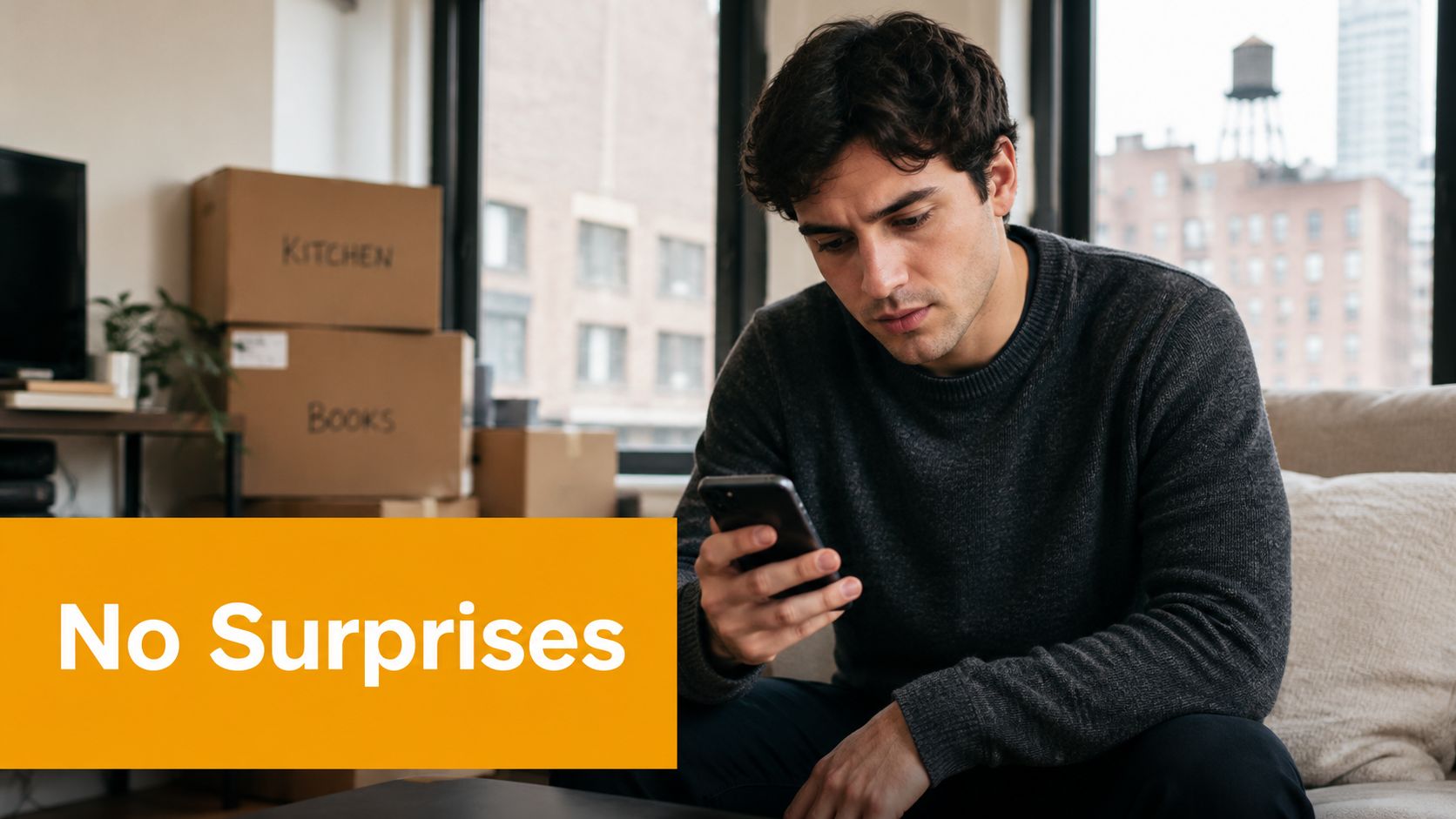 A concerned young man looking at his smartphone while sitting in a room with packed cardboard boxes.