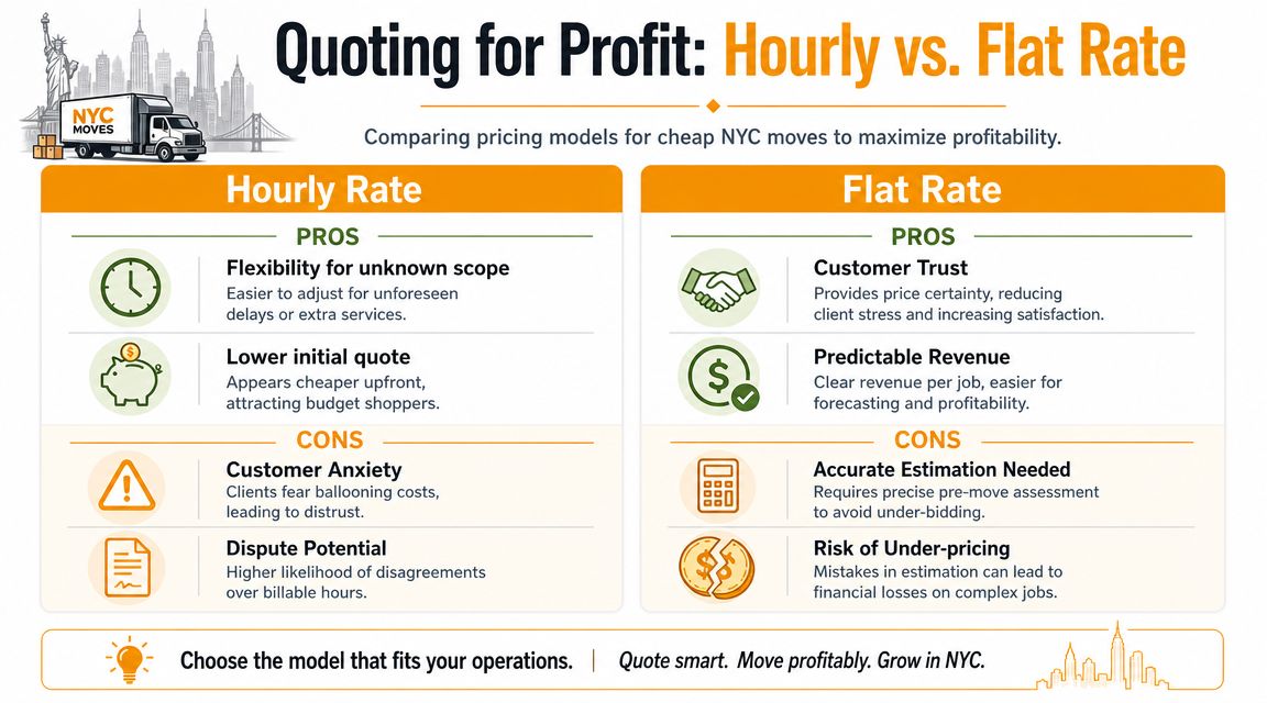An infographic comparing hourly versus flat rate pricing models for cheap NYC moving companies to maximize profitability.