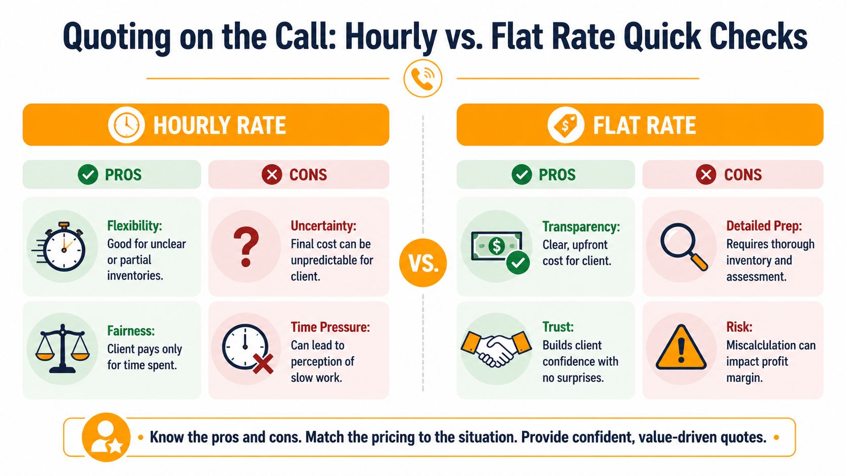 A comparison chart showing pros and cons of hourly rate versus flat rate pricing for service businesses.