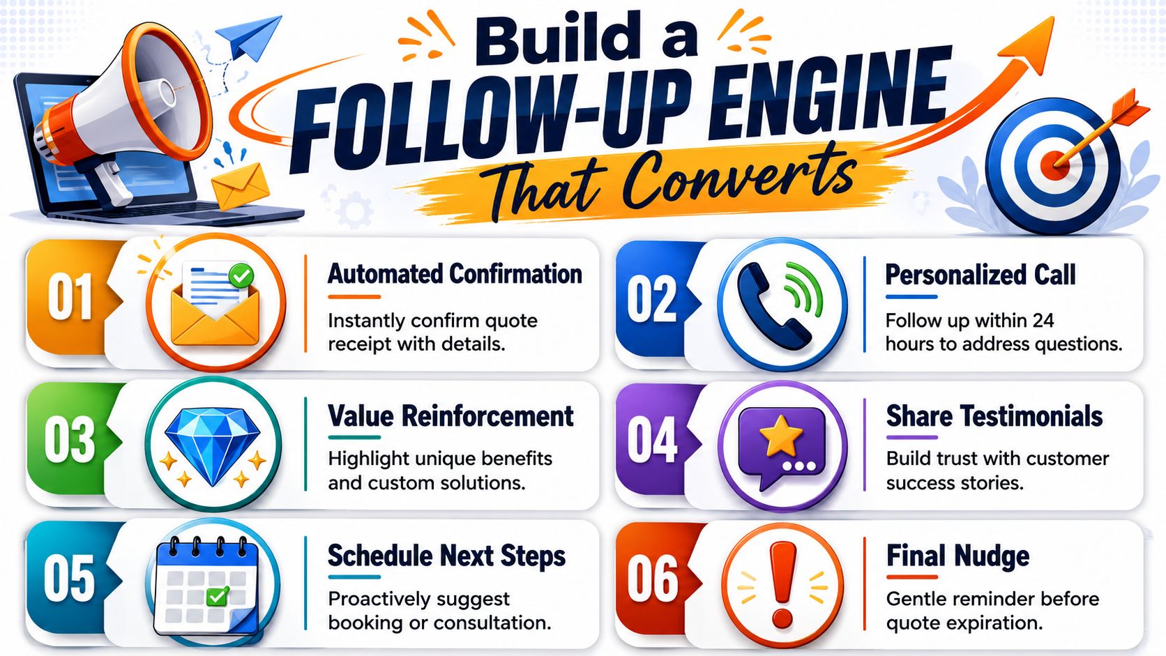 A six-step infographic illustrating a follow-up engine strategy to increase conversions and sales for business.