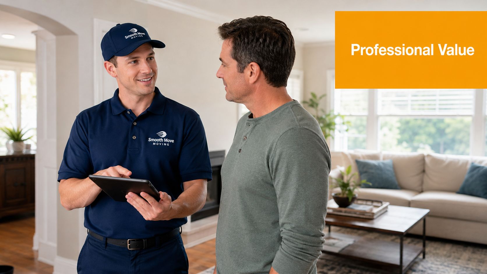 A professional mover in a blue uniform uses a tablet to discuss a quote with a customer.