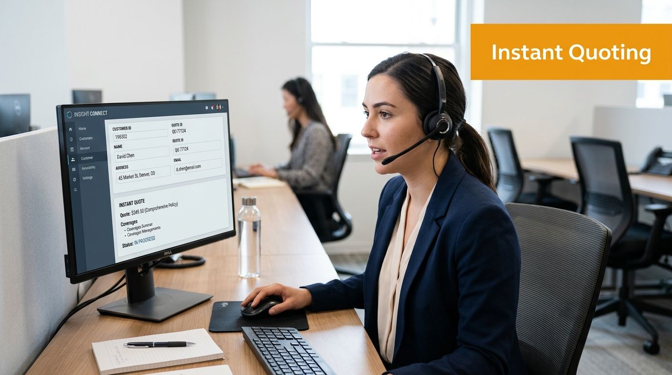 A professional customer service representative working on an office computer with an instant quoting software interface.