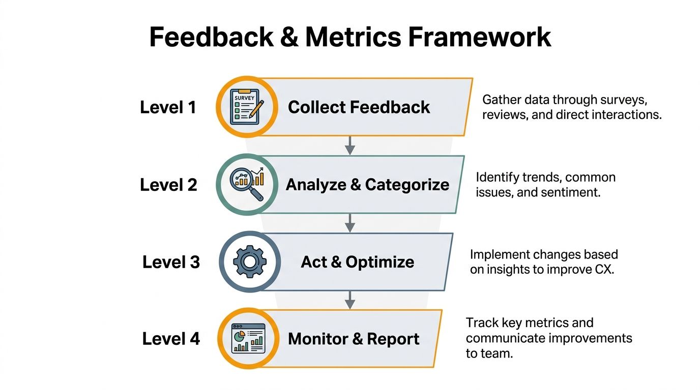 A four-level feedback and metrics framework diagram detailing the process to improve customer experience systematically.