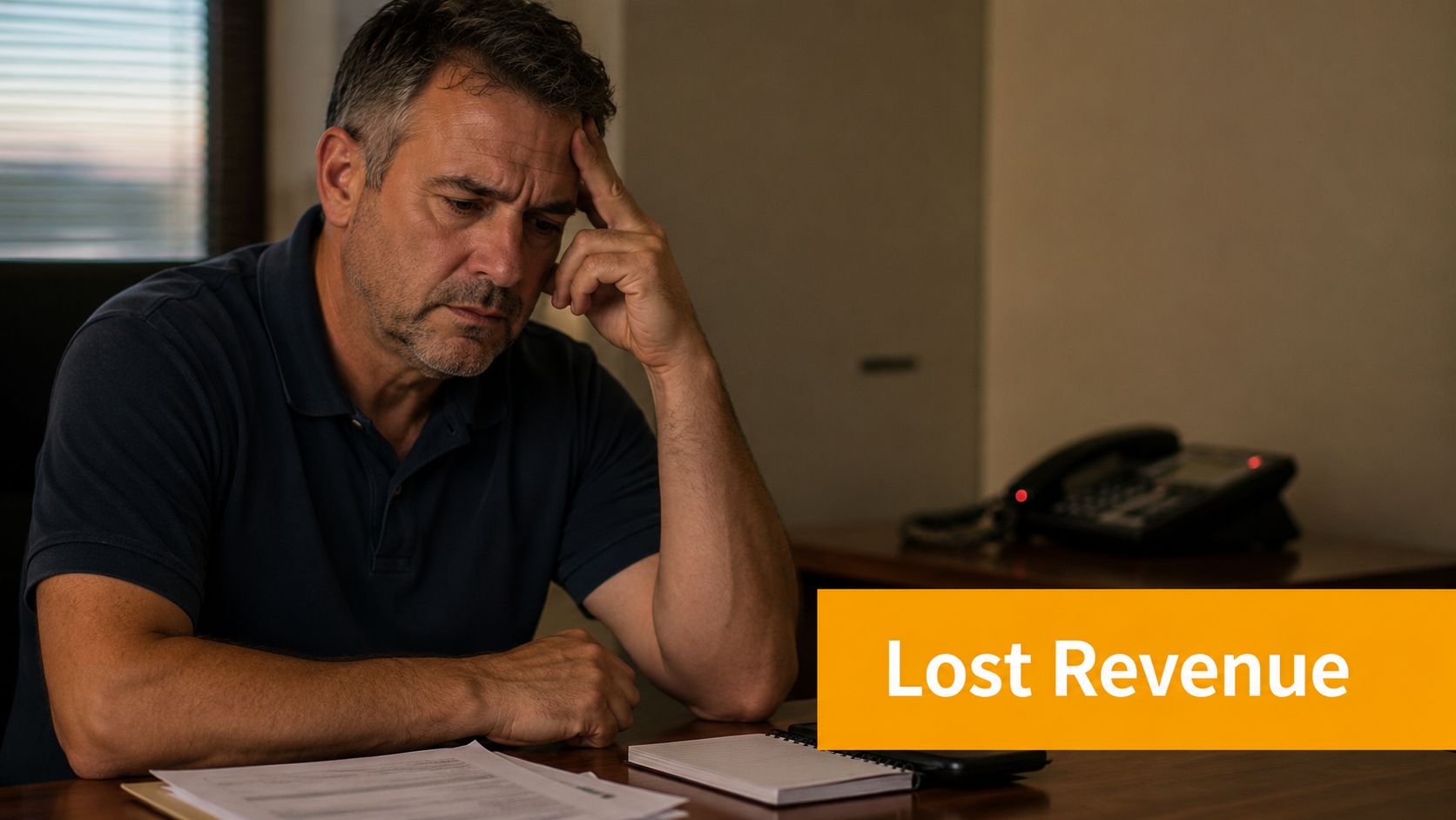 A concerned businessman sitting at his desk looking down at paperwork while facing revenue loss issues.