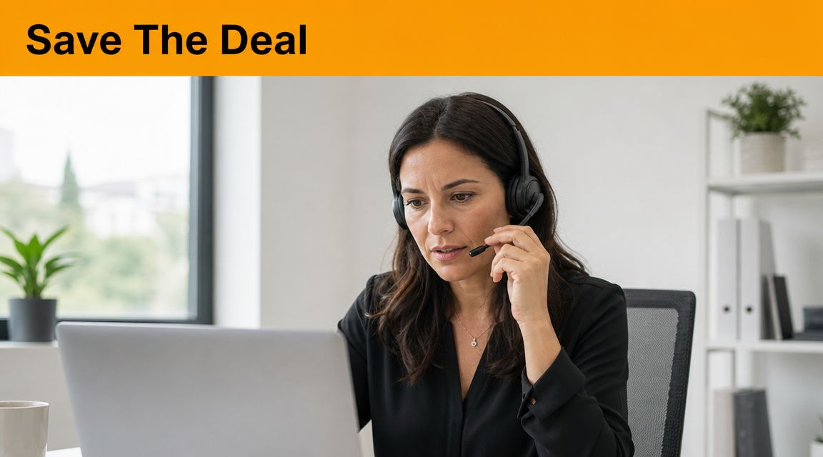 A professional woman wearing a headset, working on her laptop in an office to save a deal.