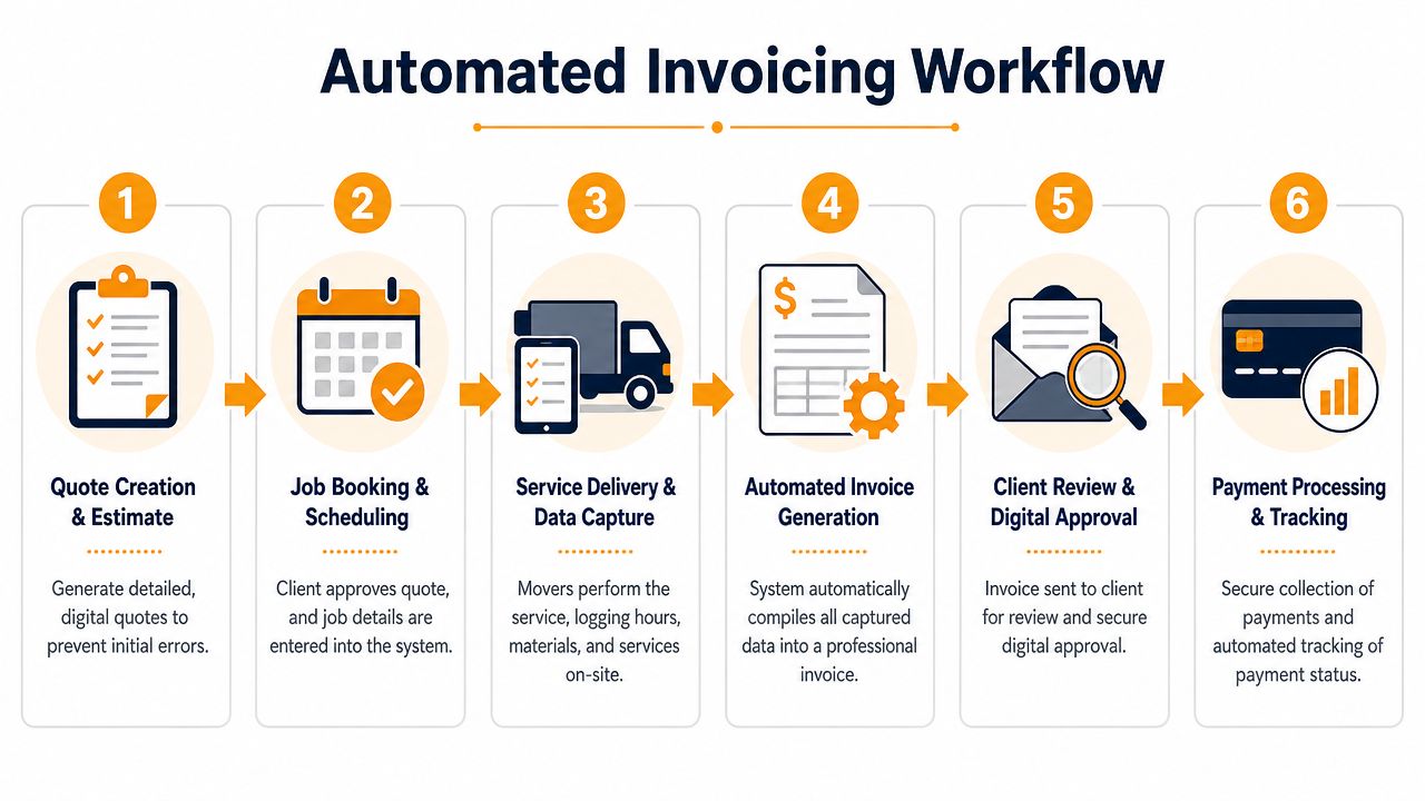 A flowchart showing the six-step automated invoicing workflow process for a professional moving company's billing system.