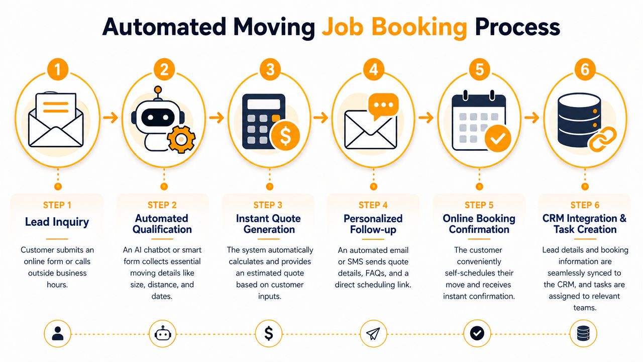 A six-step infographic detailing the automated process of managing moving company customer job bookings online.