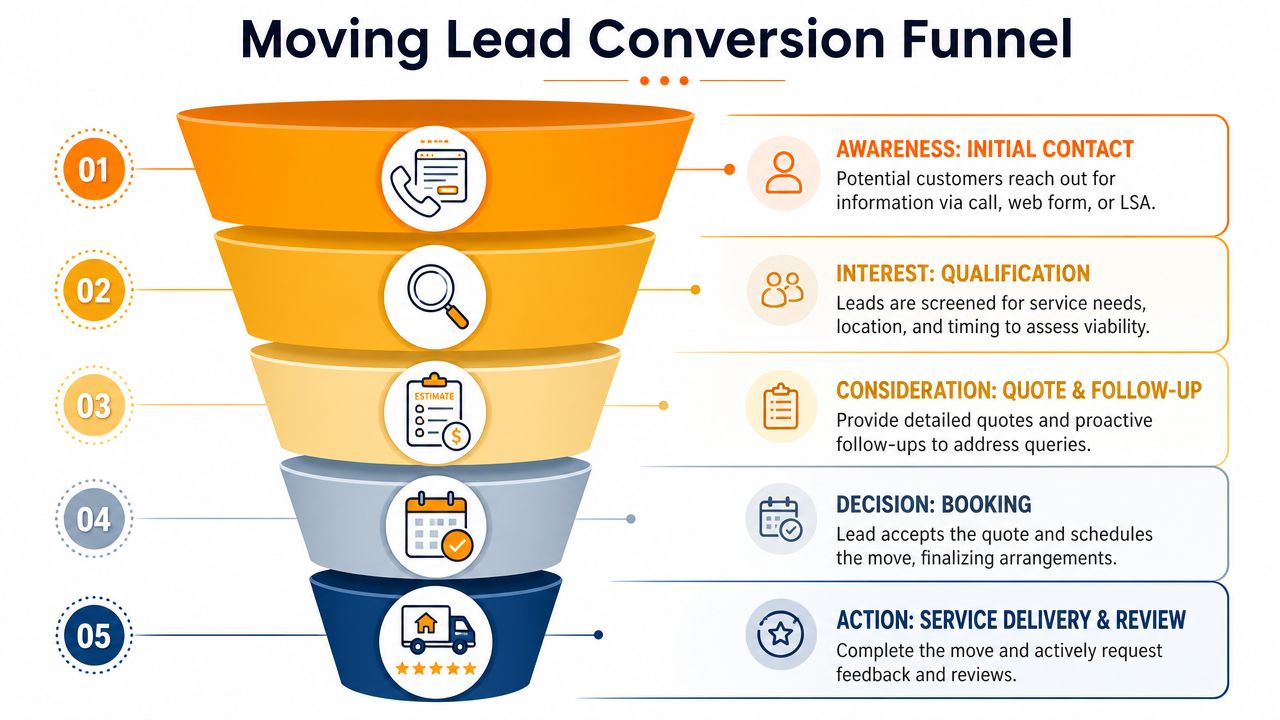 A diagram illustrating the five stages of a moving company lead generation and conversion funnel process.