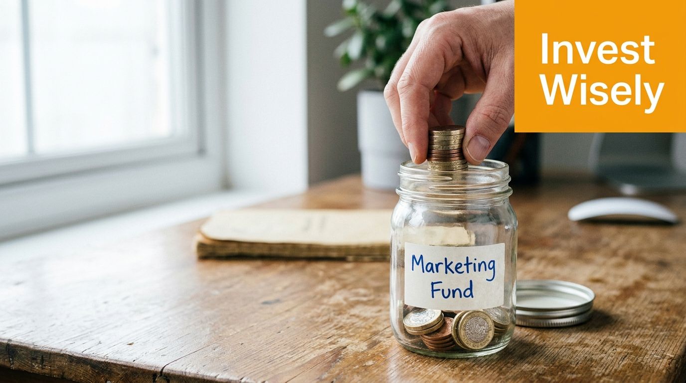 A hand placing coins into a glass jar labeled Marketing Fund on a wooden desk, symbolizing financial investment.
