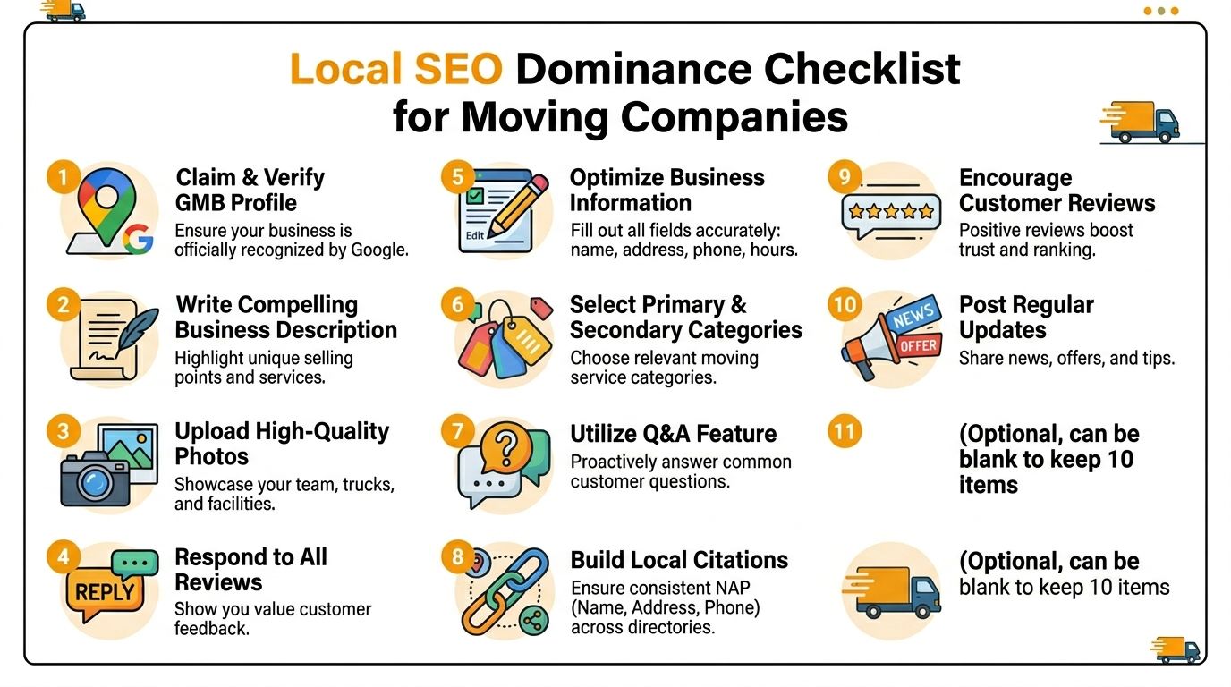 A numbered checklist for moving companies to improve their local SEO and online search rankings.