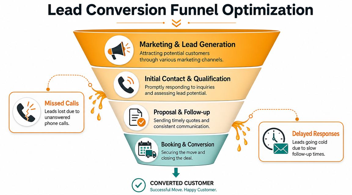 A funnel diagram illustrating lead conversion strategies for moving companies and identifying key loss points.