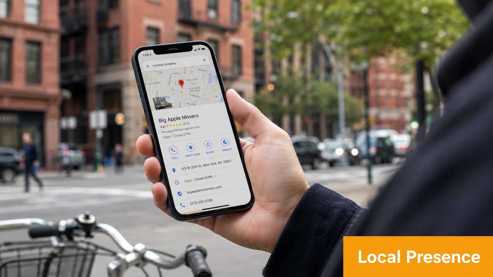 A person holding a smartphone displaying local search results for a professional moving company in New York.