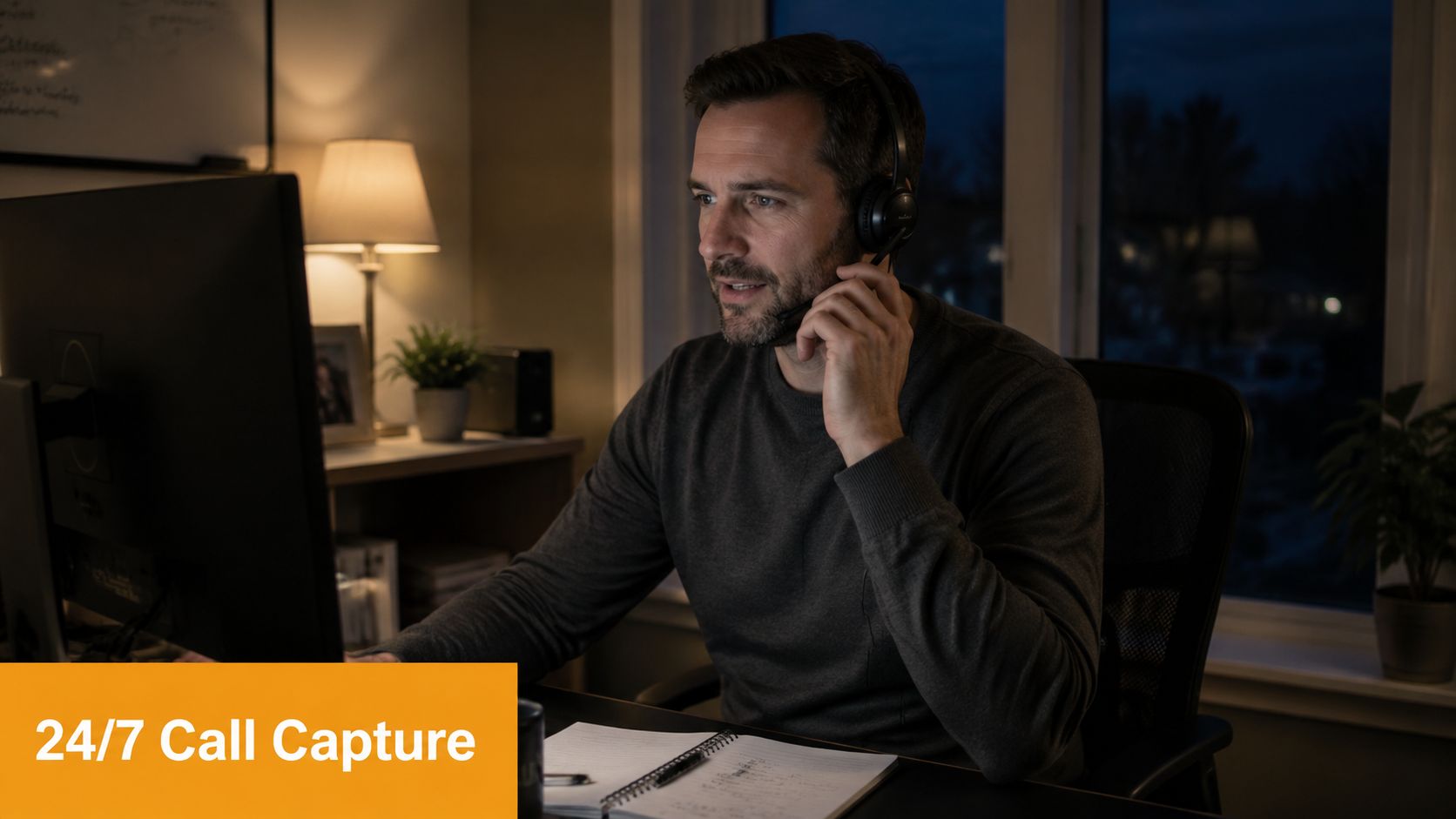 A professional man working late at night in a home office wearing a headset for business calls.
