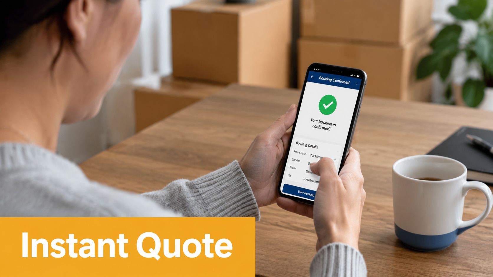 A person holding a smartphone showing a confirmed moving company booking while sitting at a desk.