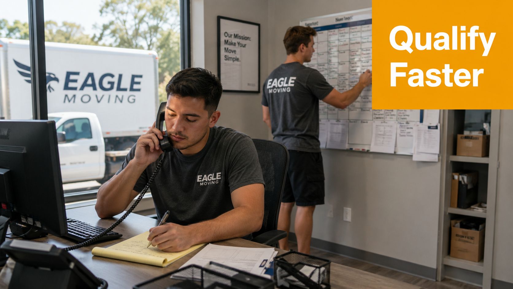 A professional customer service representative taking a phone call while an employee manages the scheduling board.