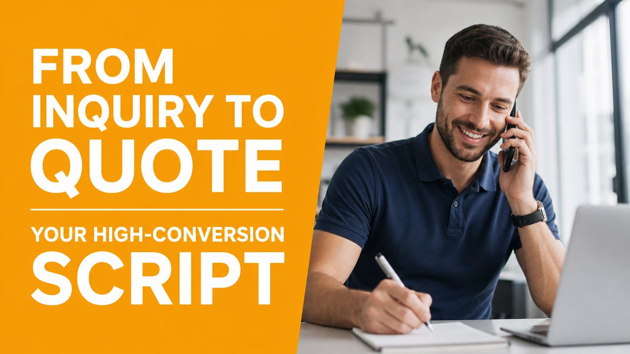 A professional man smiling while talking on the phone and taking notes for a high-conversion sales script.