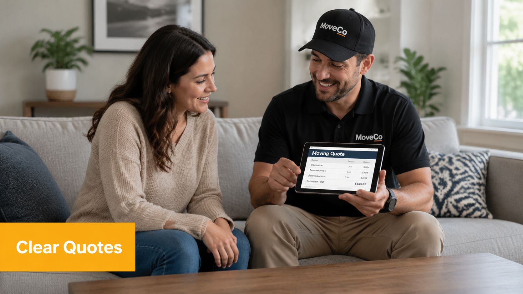 A professional mover showing a digital moving quote on a tablet to a woman sitting on a sofa.
