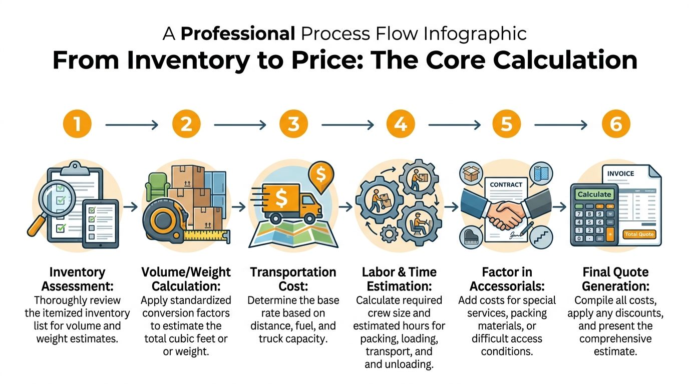 A professional infographic illustrating the six-step process for calculating moving costs from inventory to final quote.