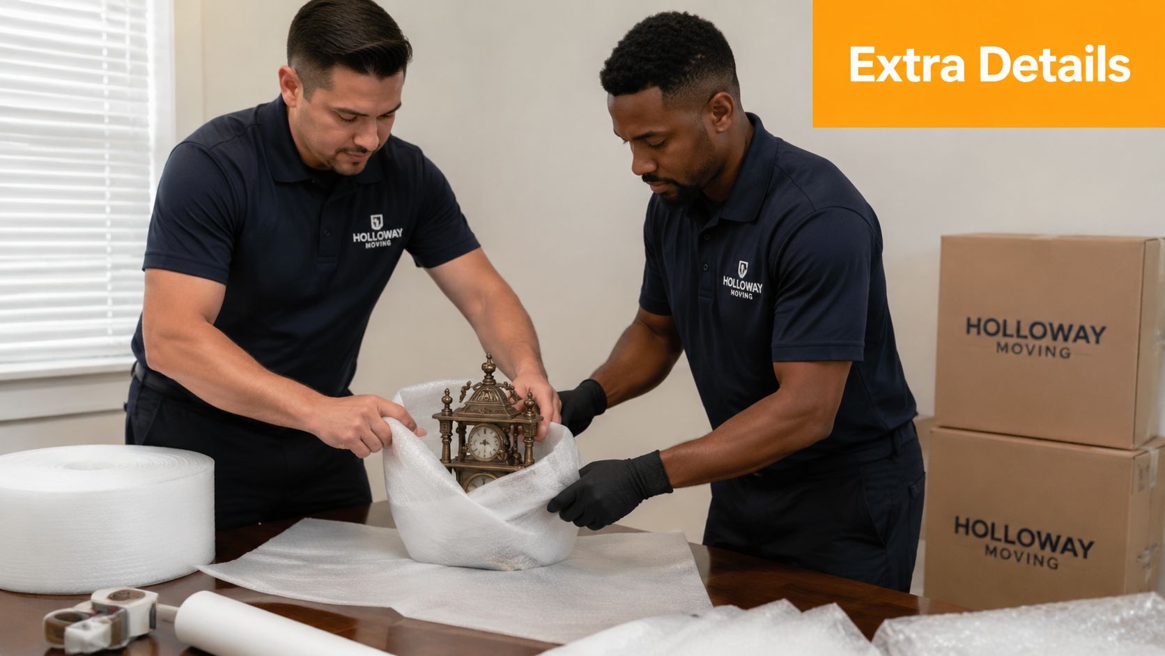 Two professional movers from Holloway Moving carefully packing a vintage brass clock in protective foam wrap.