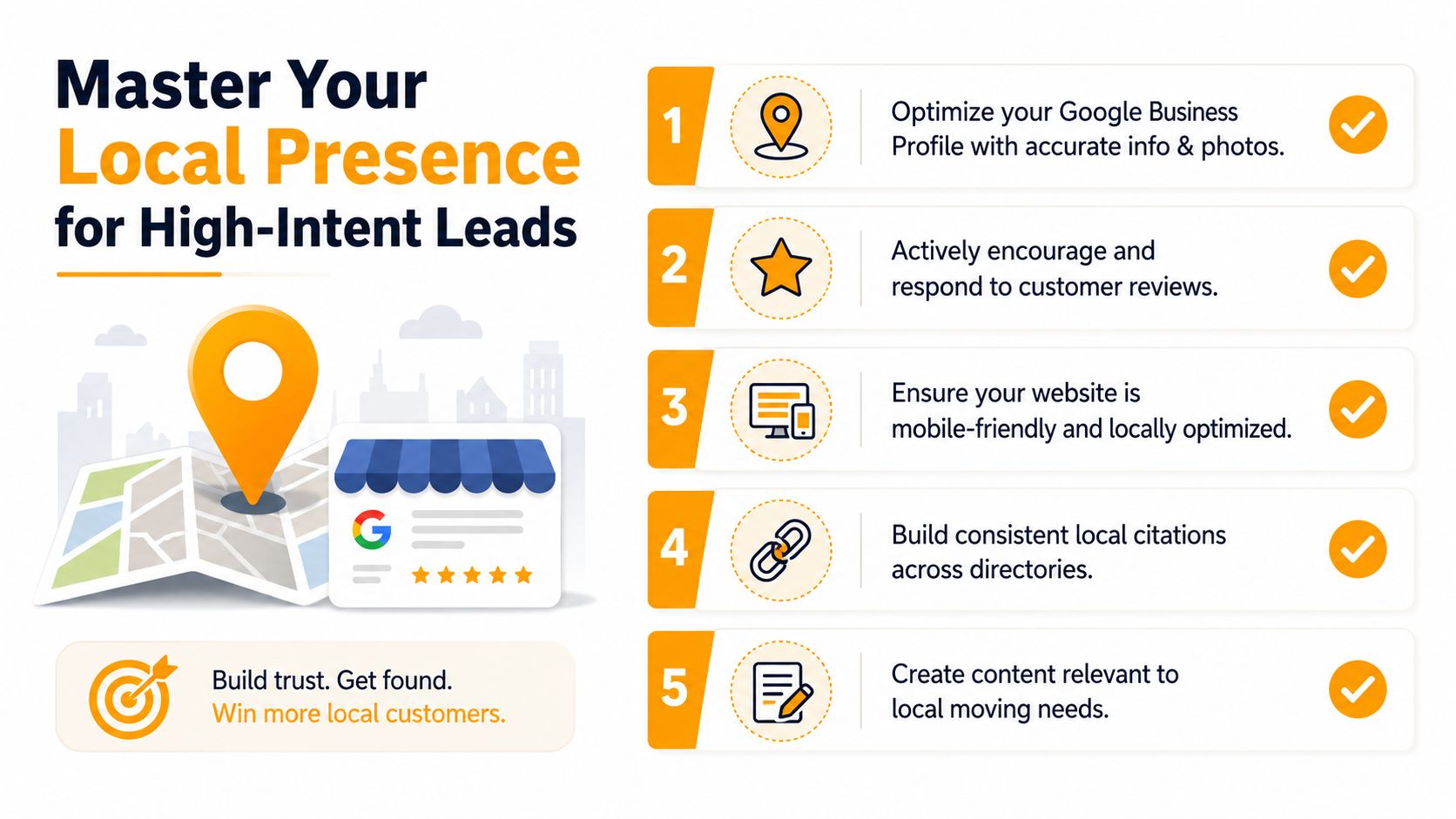 A five-step guide on how moving companies can improve their local SEO to attract more customers.
