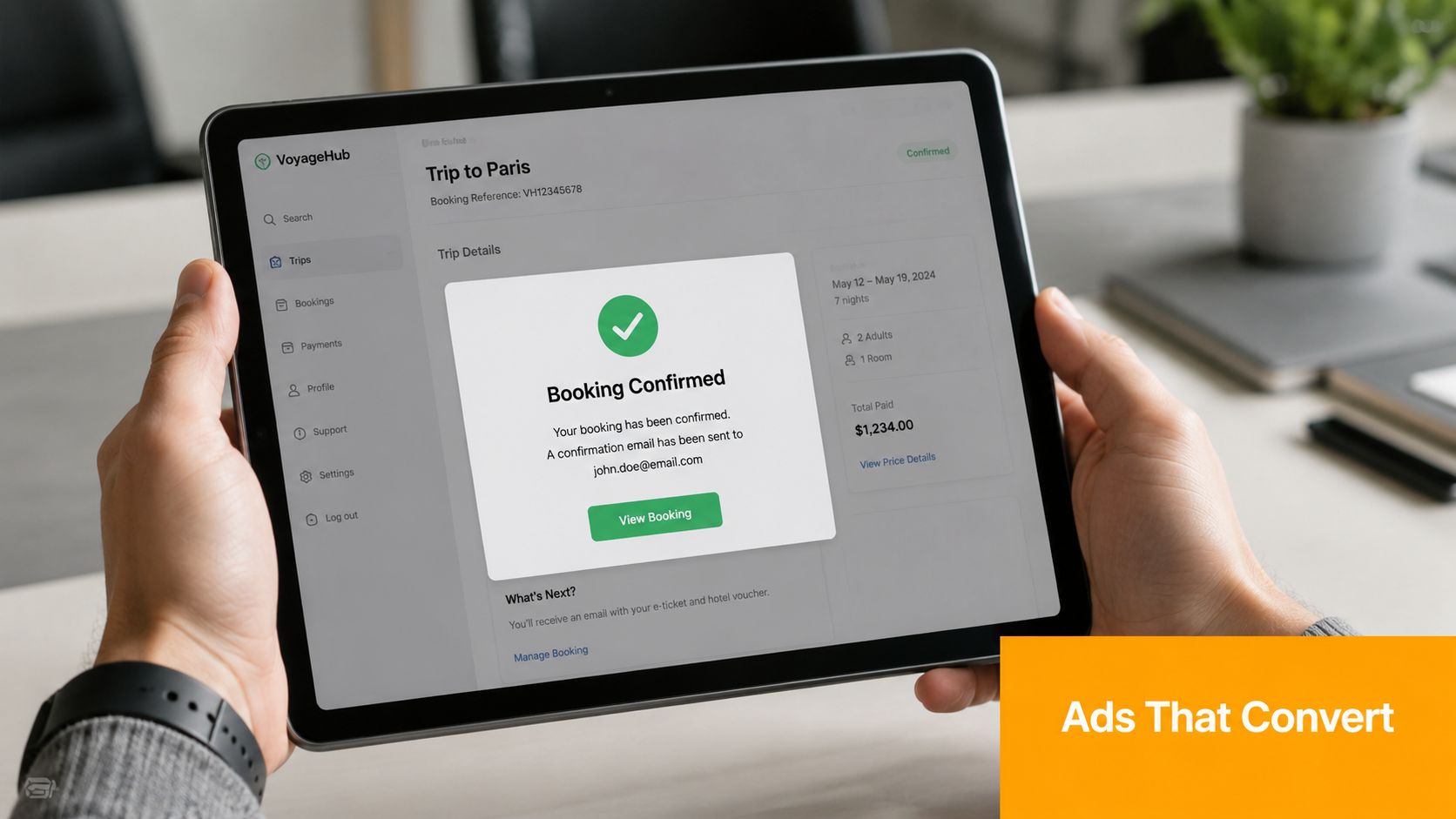 A person holds a tablet displaying a travel booking confirmation screen for a trip to Paris.